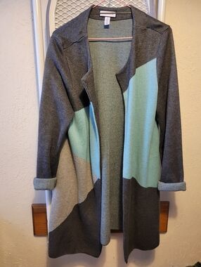 Charter Club Gray and Mint Open-Front Colorblock Cardigan